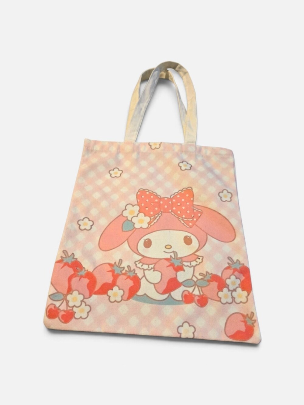 Pink Cartoon Bunny Tote Bag with Strawberry Motif